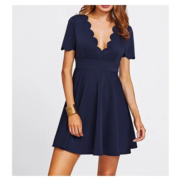 navy blue fit and flare cocktail dress Navy Blue Fit & Flare Midi V-neck Party Dress main image 1
